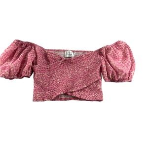 Hello Molly Pink Floral Smocked Crop Top Puff Sleeve Wrap Front US 8 L